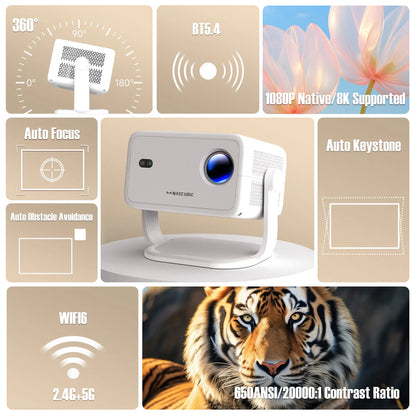 1080P Native Smart Projector — Auto Focus & Keystone, Air Mouse, WiFi6